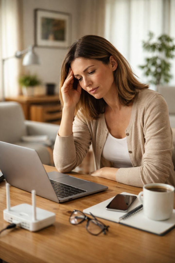 Woman experiencing electromagnetic hypersensitivity symptoms